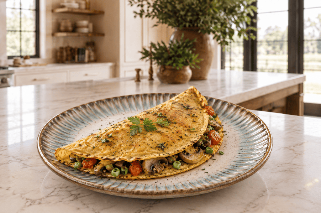 Golden chickpea omelet filled with mushrooms, tomatoes, and green onions on a ceramic plate in a warm cream kitchen.