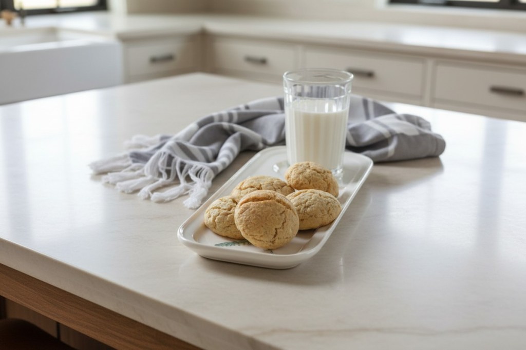 Five homemade oatmeal cookies on a ceramic tray with milk and a striped towel on a cream kitchen island.