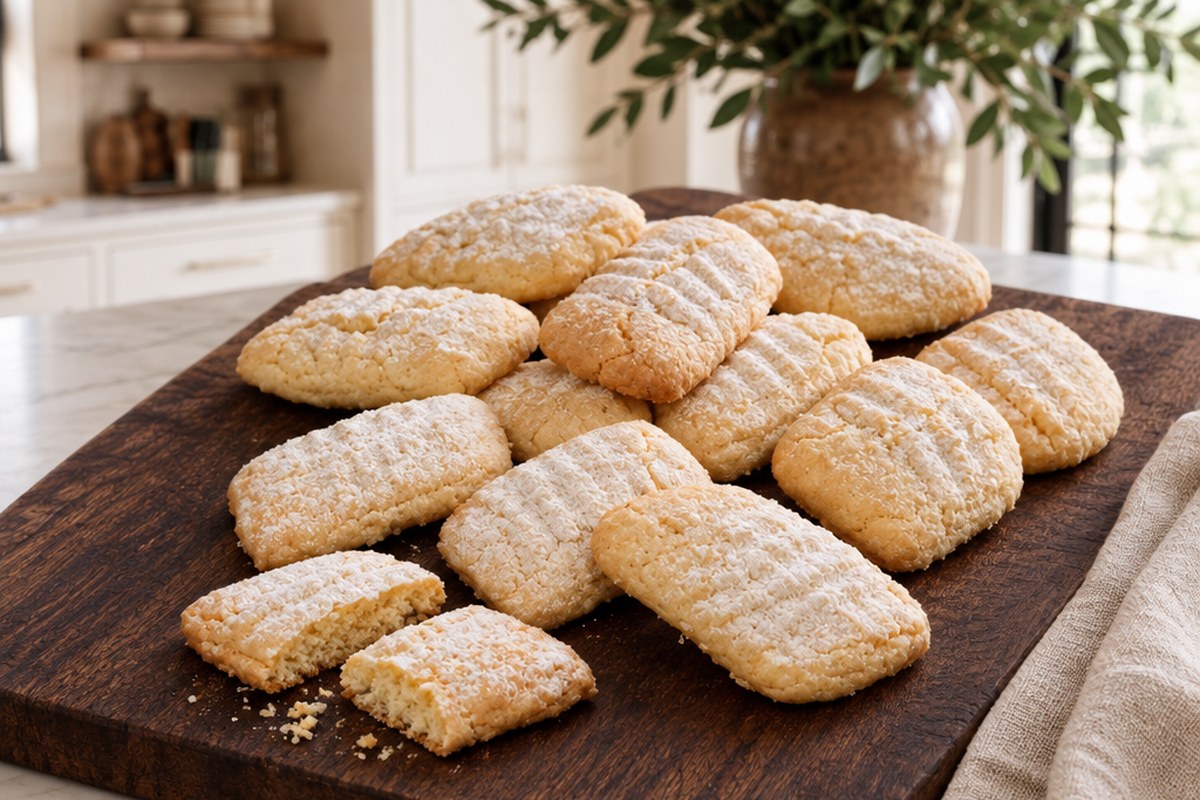 Golden cookies with fork marks and powdered sugar on a wooden board in a cream-colored kitchen.