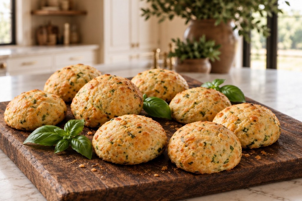 Golden cheese and basil cookies on a rustic wooden board in a warm ivory kitchen.