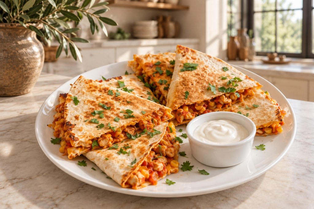 Golden chicken, corn and cheese quesadilla wedges on a plain white plate with sour cream.