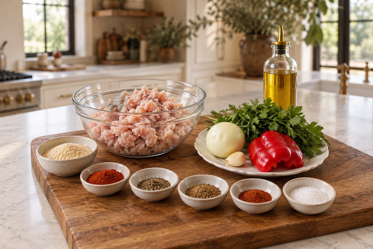 Ground chicken, onion, red pepper, parsley, garlic, breadcrumbs and spices for chicken köfte.