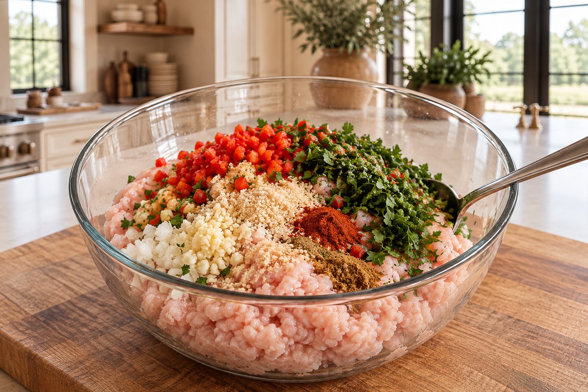 Ground chicken topped with finely chopped pepper, herbs, onion, garlic, breadcrumbs and spices.