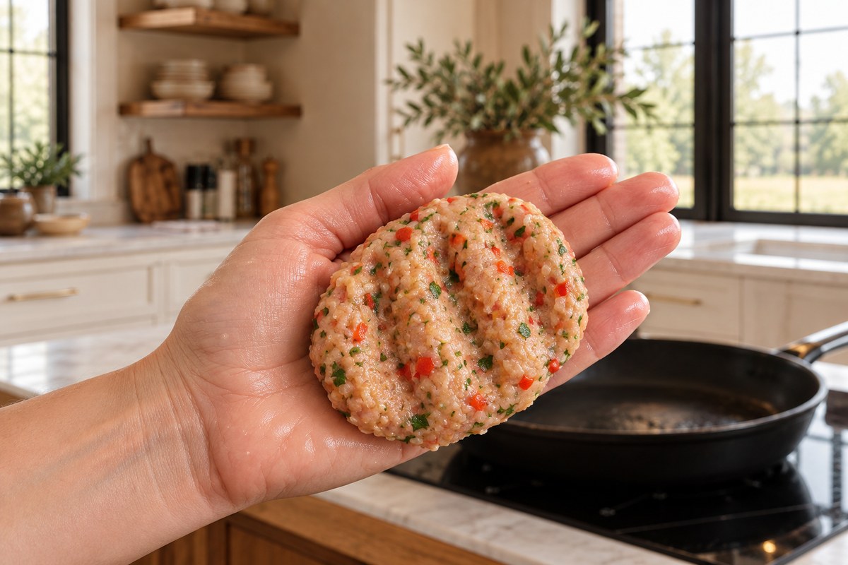 An uncooked oval chicken köfte with three shallow finger grooves resting in a damp hand.