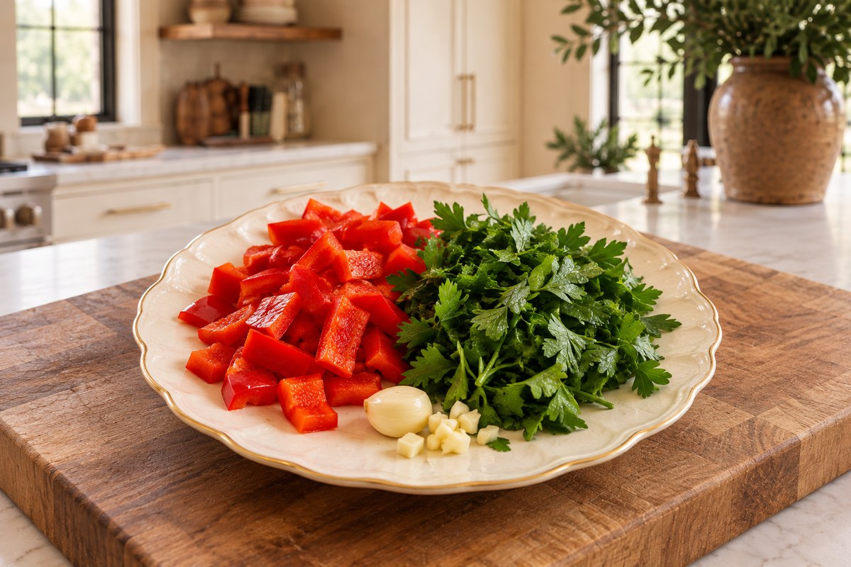 Chopped red bell pepper, parsley and garlic on a plate before finely chopping.