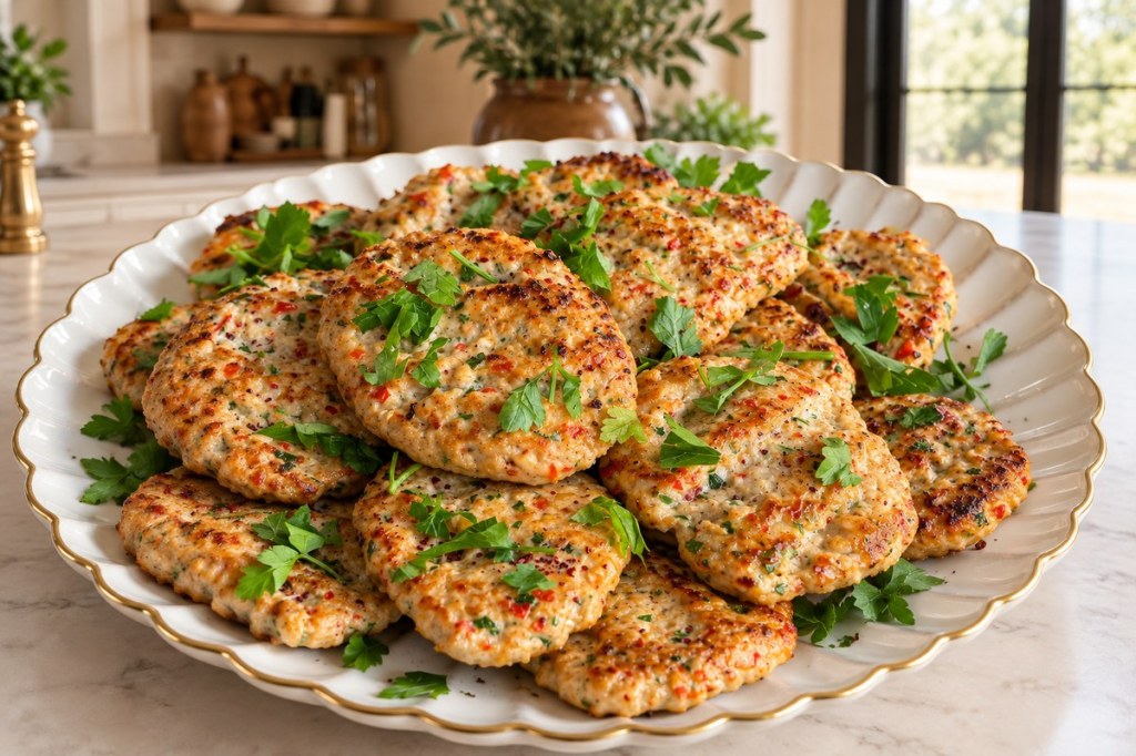 Golden chicken köfte with red pepper and parsley on an ivory platter.