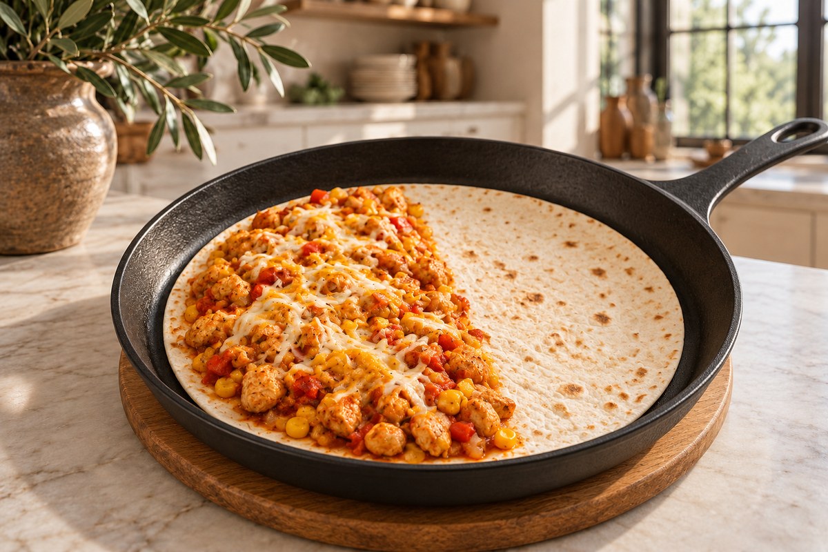 A tortilla in a skillet with cooked chicken, corn, bell pepper and cheese filling spread over one half.