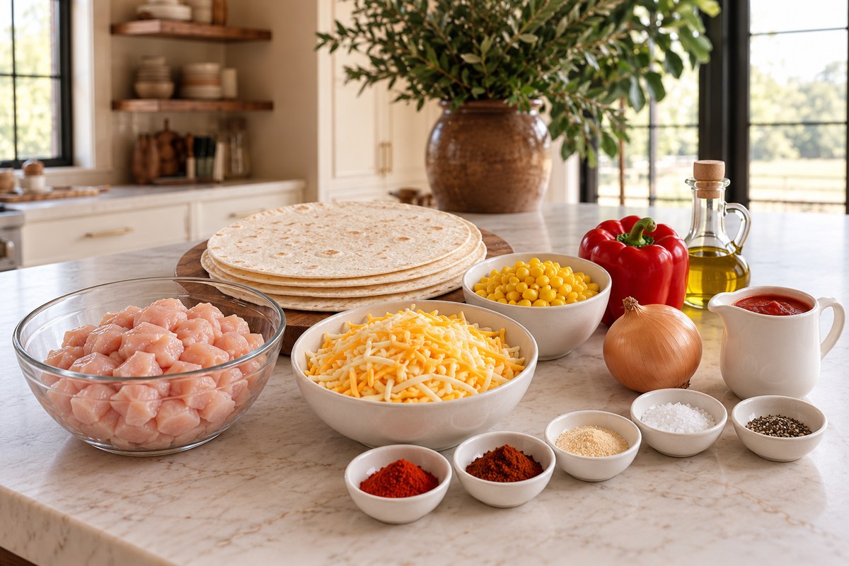 Chicken, flour tortillas, shredded cheese, sweetcorn, bell pepper, onion, passata and seasonings on a kitchen island.