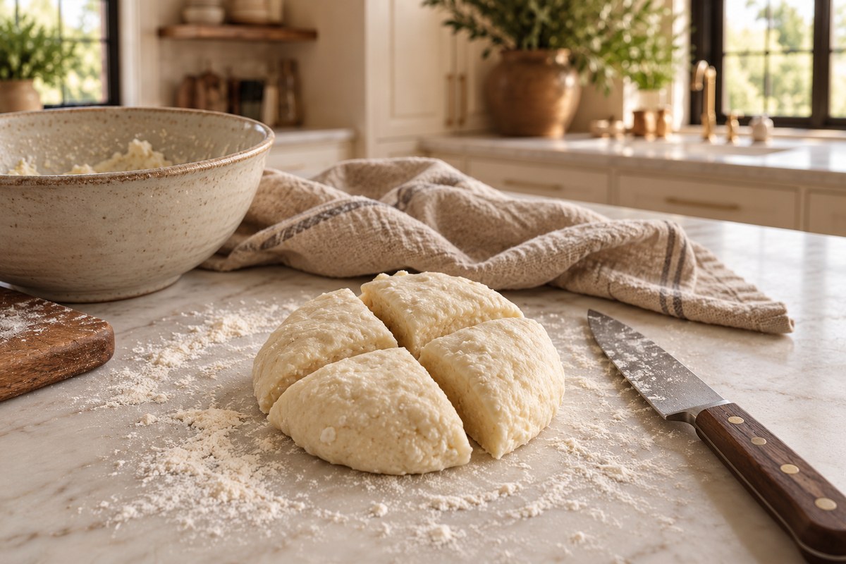 Soft farmer cheese and rice flour dough divided into four portions.