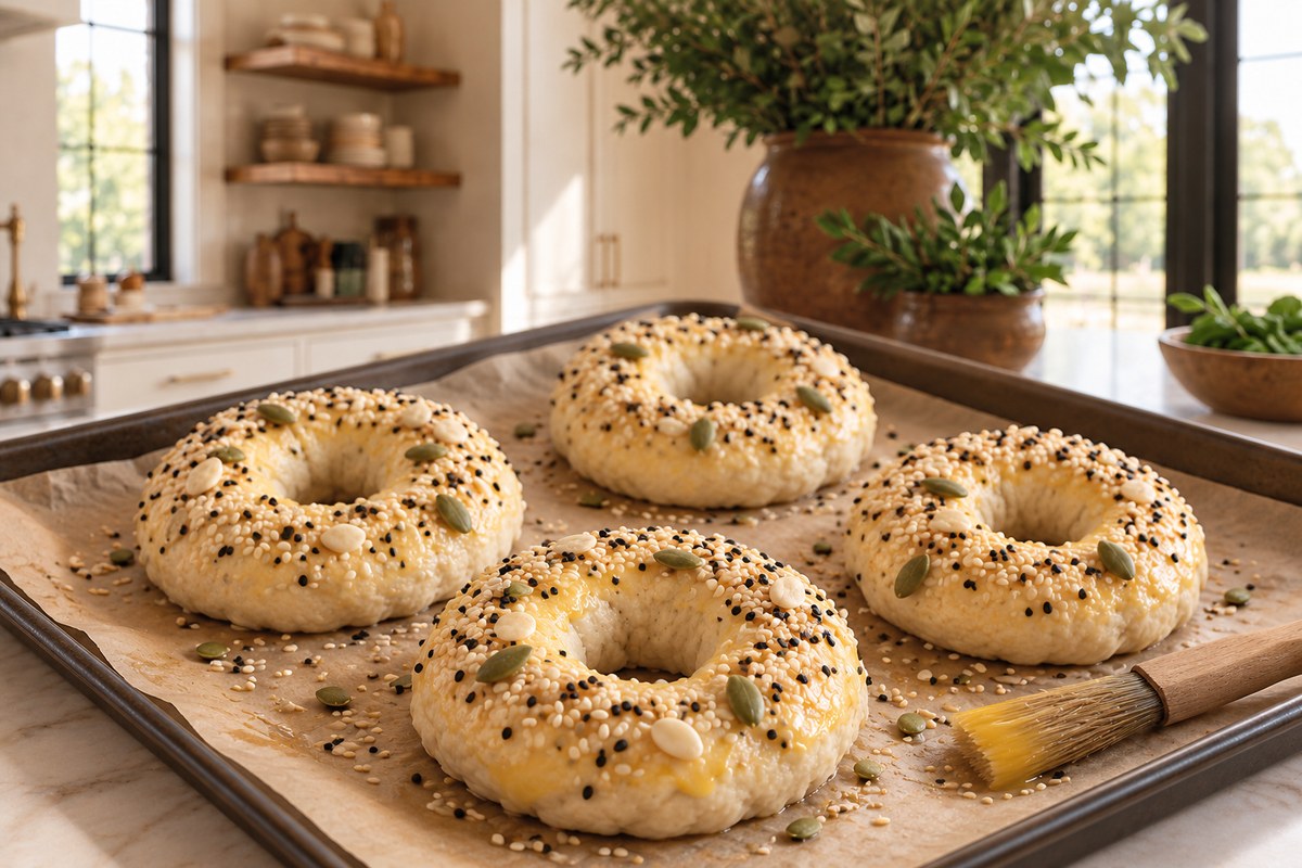 Four unbaked farmer cheese bagels brushed with egg wash and topped with seeds on parchment.