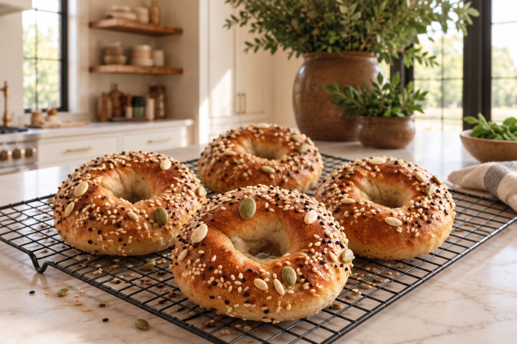 Four golden farmer cheese bagels topped with sesame and pumpkin seeds on a cooling rack.