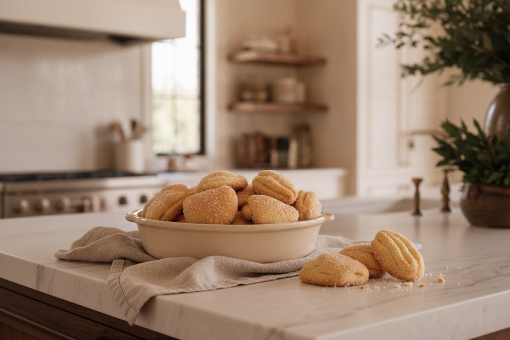 Sugar-coated Goose’s Feet cookies in a cream ceramic dish on a stone kitchen island.