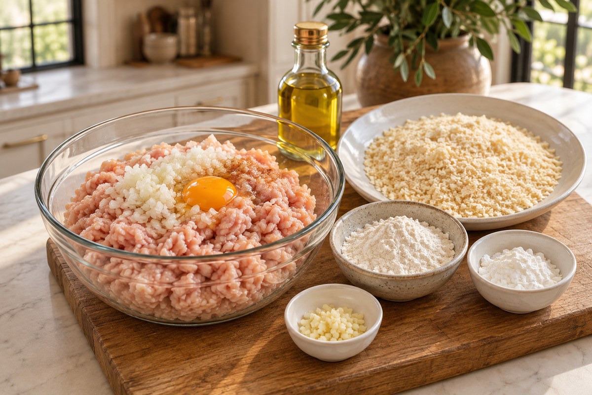Ground chicken, onion, egg, flour, cornstarch, garlic and panko arranged for making schnitzel.