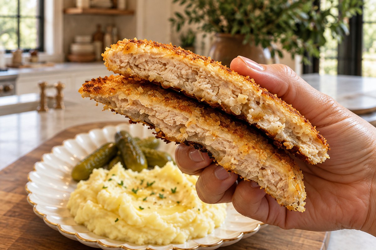 Two cut halves of a golden breaded chicken schnitzel showing the cooked ground chicken filling.