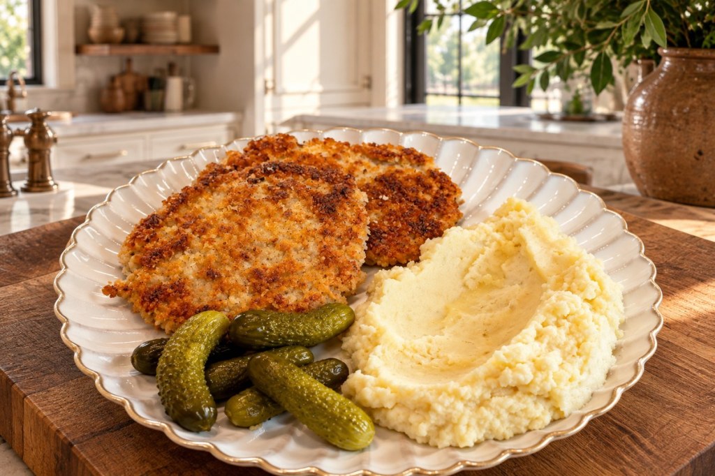 Golden panko-coated ground chicken schnitzel served with mashed potatoes and pickles.