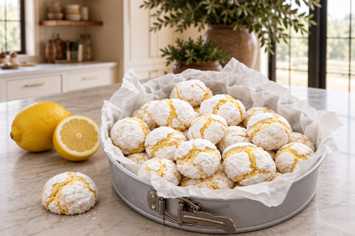 Lemon crinkle cookies with a white powdered sugar coating in a parchment-lined pan beside fresh lemons in an ivory kitchen.