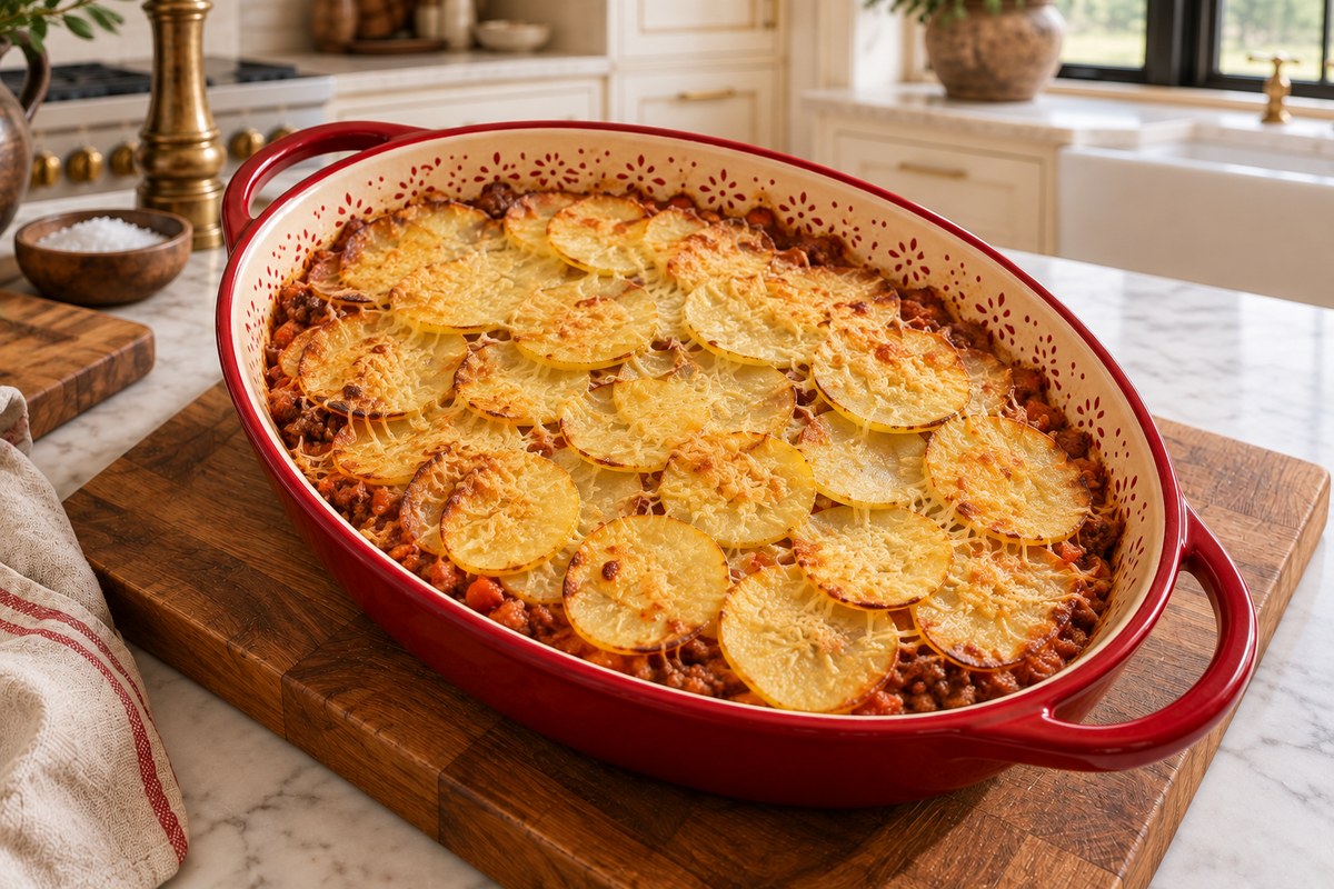 Golden baked potato rounds with a light cheese topping over tomato meat sauce.