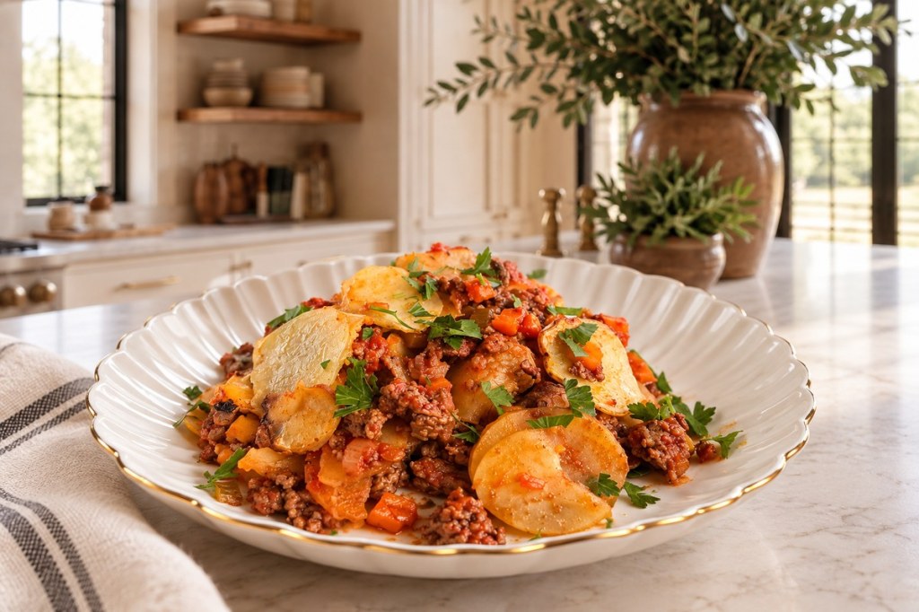 A serving of thin potato slices and tomato beef sauce with diced carrots on an ivory plate.