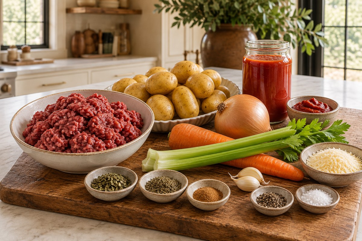 Potatoes, ground beef, tomatoes, onion, carrot, celery, garlic, cheese and seasonings.