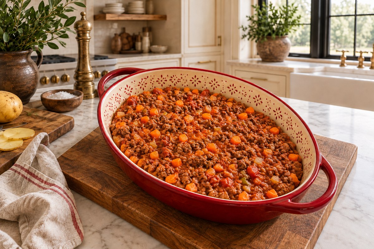 Tomato ground beef sauce with diced vegetables spread over the potato layer.