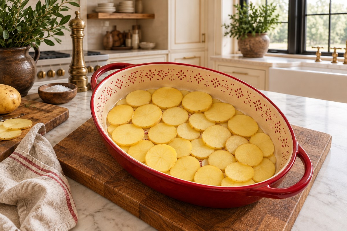 Thin raw potato rounds overlapping in a red oval baking dish.
