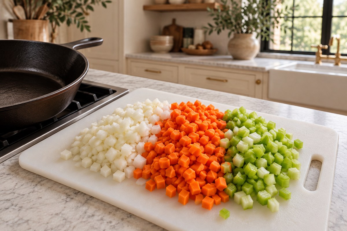 Finely diced onion, carrot and celery on a cutting board beside a skillet.