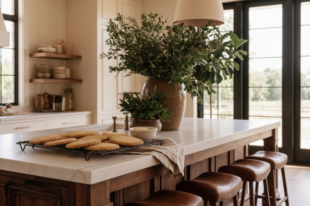 Golden sesame seed cookies on a wire cooling rack on a stone kitchen island.