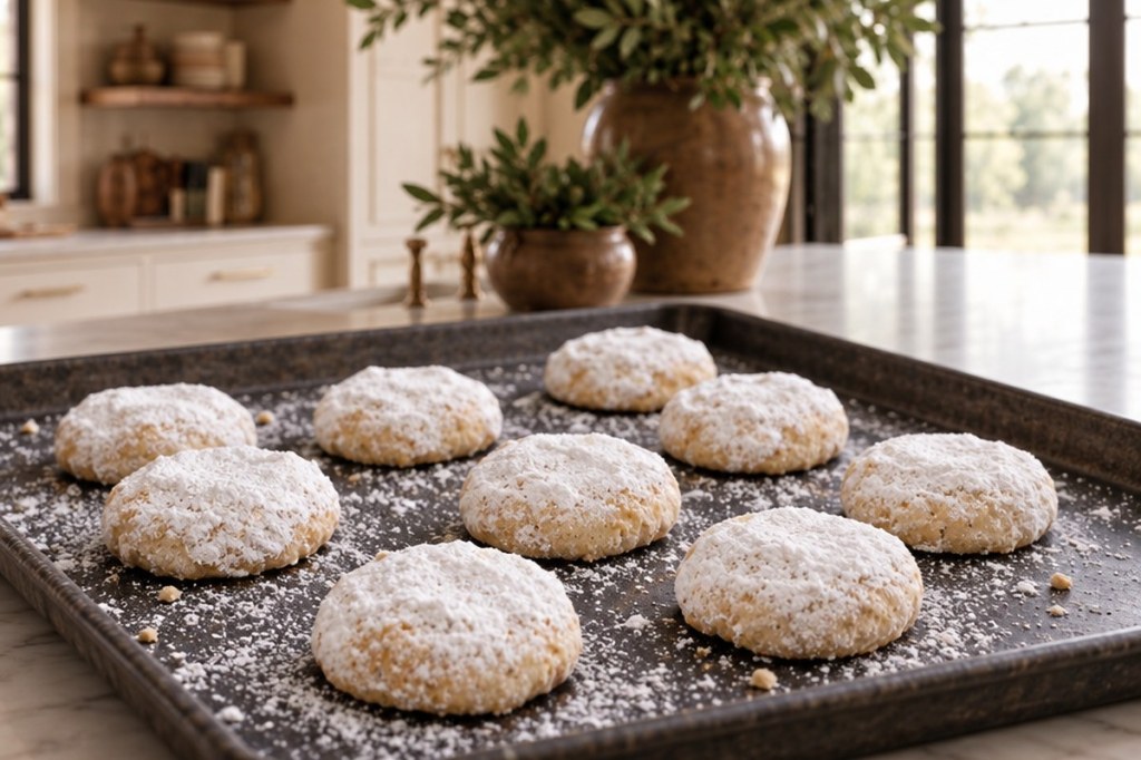 Snow Kiss nut cookies coated in powdered sugar on a dark baking tray in an ivory kitchen.