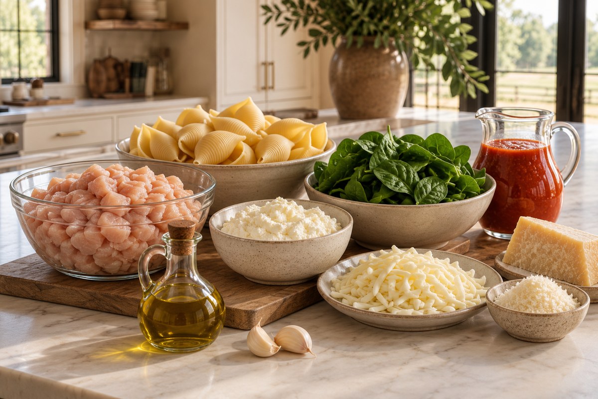 Chicken, jumbo pasta shells, ricotta, spinach, tomato passata, mozzarella, Parmesan, garlic and olive oil on a kitchen counter.