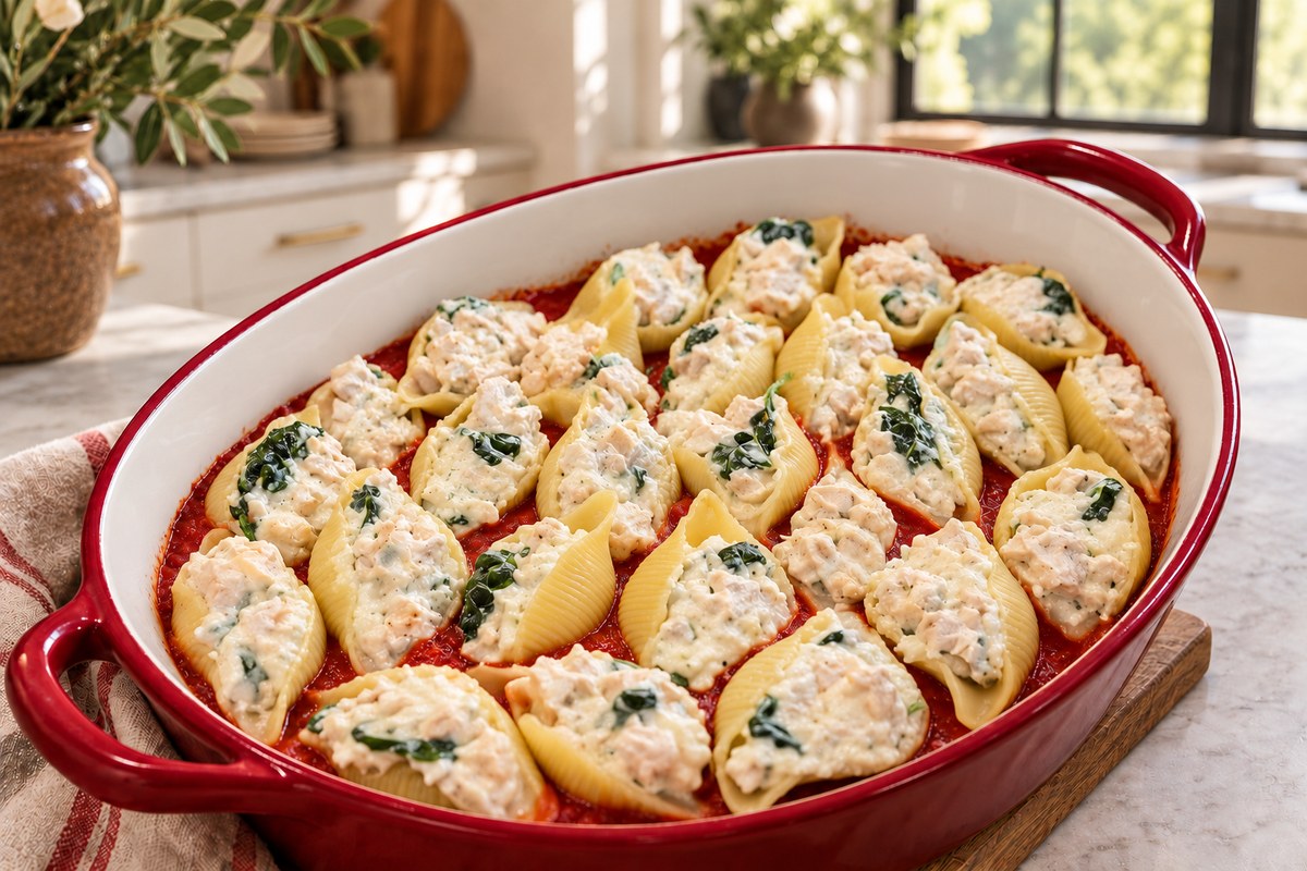 Chicken, ricotta and spinach stuffed shells before baking in a dish with a plain white interior.