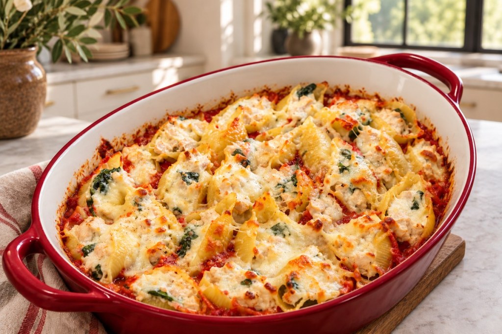 Baked stuffed shells in a red casserole dish with a plain white interior.