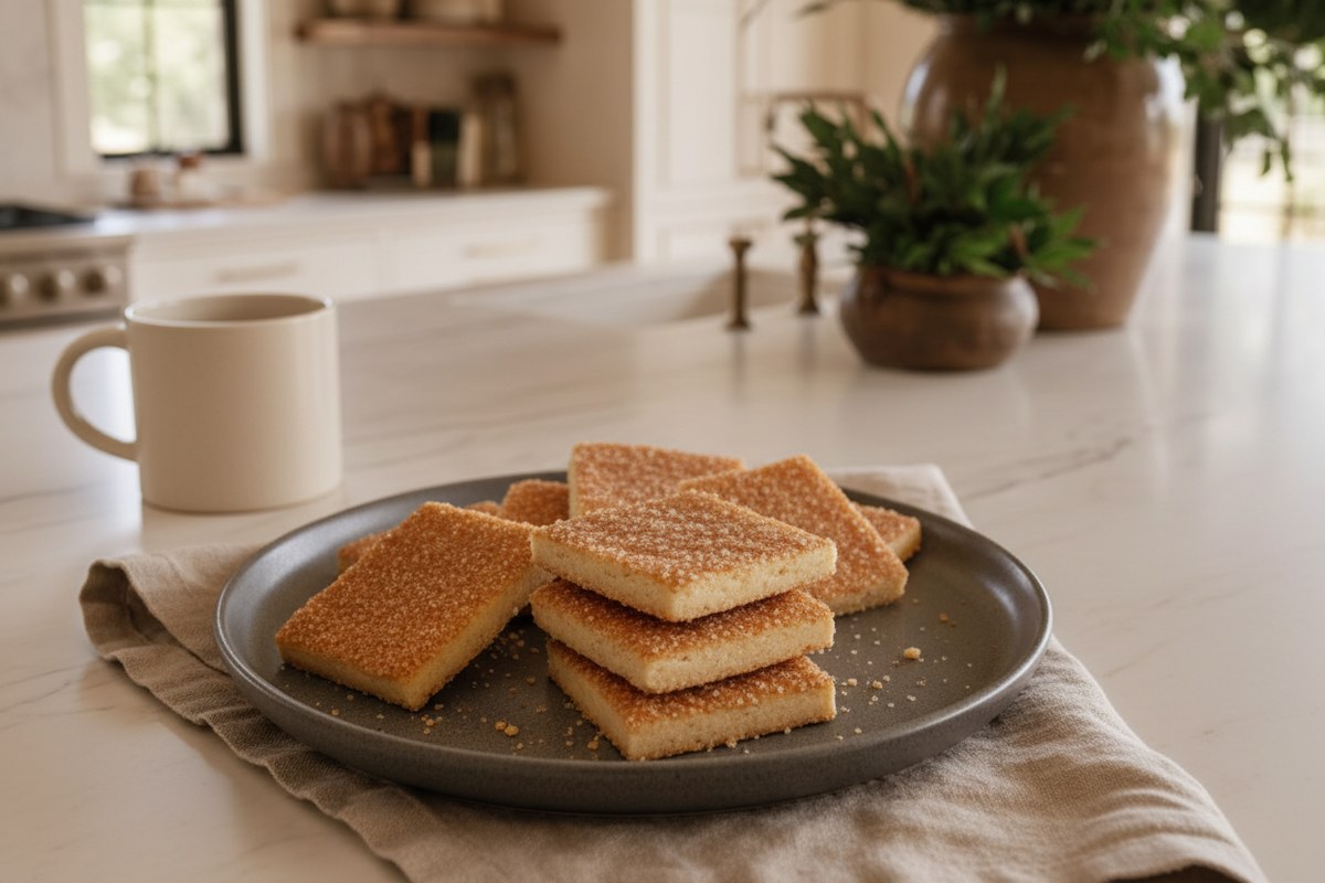Rectangular cinnamon-sugar Zemel cookies stacked on a gray plate in a warm cream kitchen.